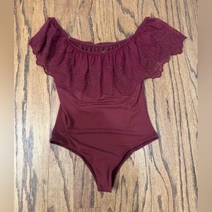 Medium, maroon, lace off the shoulder, body suit